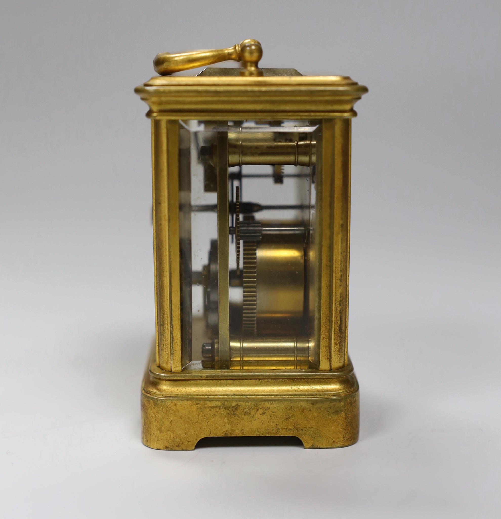 A French miniature carriage timepiece by Henri Jacot with enamel dial and leather case, 9.5cm high